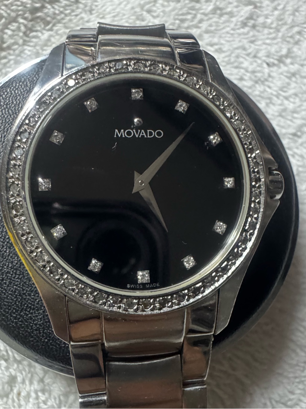 Movado Silver Stainless Steel Watch With Black Dial And Diamond Bezel